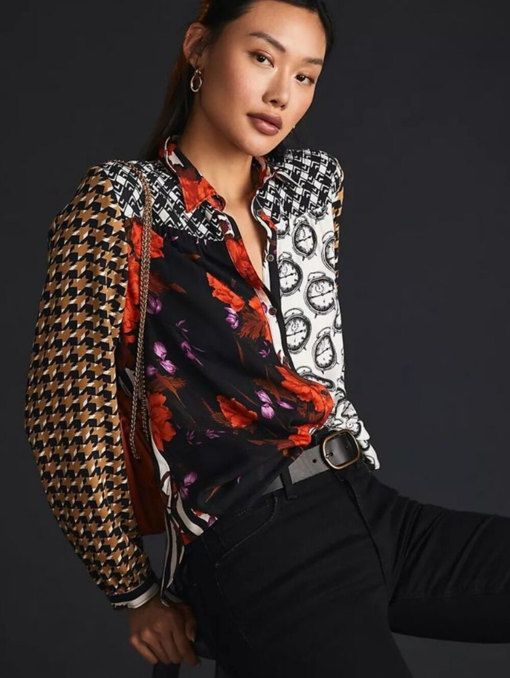 Anthropologie Maeve Paz Mixed Media Clock Blouse XXS